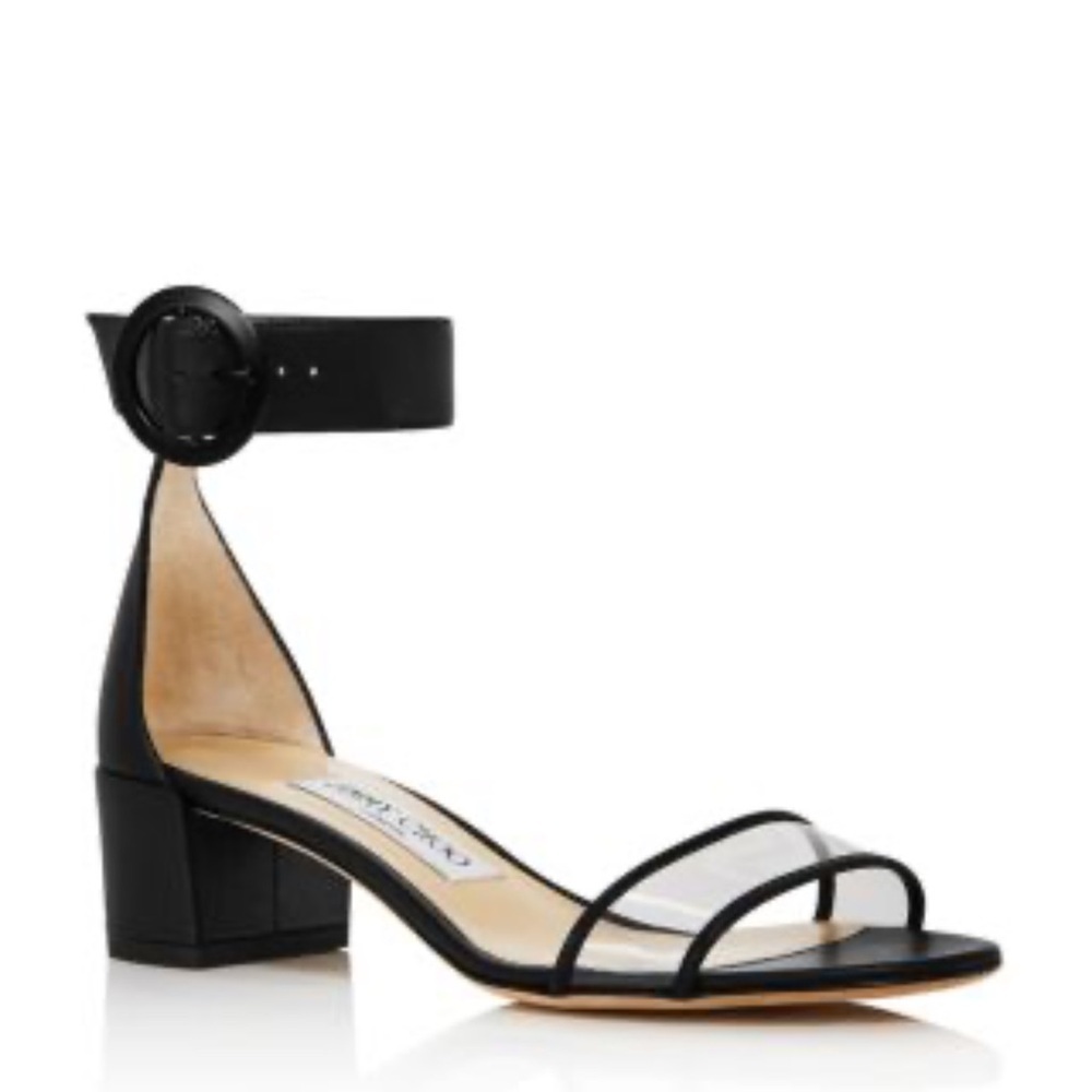 Jimmy Choo Jaime 40 Black Leather Transparent Strap Block Heel Sandal Size 37.5